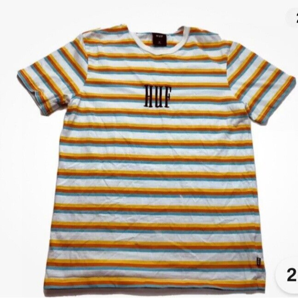 HUF Worldwide Mens Large Striped Crewneck TShirt Embroidered Spell Out Logo EUC